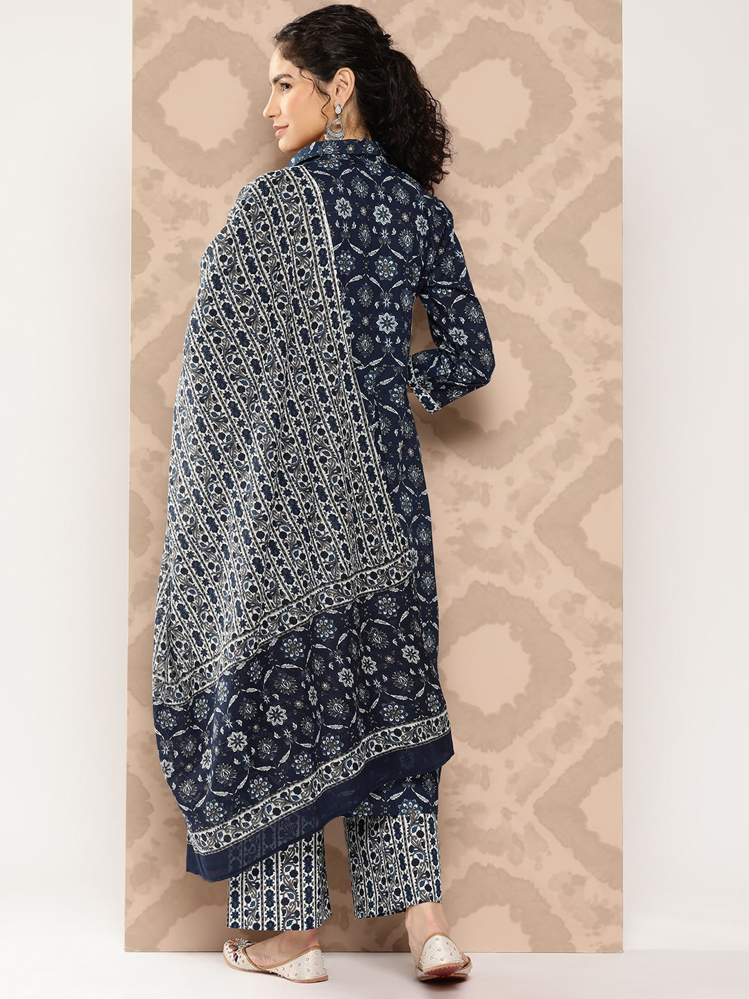 Kalini Ethnic Motifs Printed Pleated Pure Cotton Kurta with Palazzos & Dupatta - Distacart