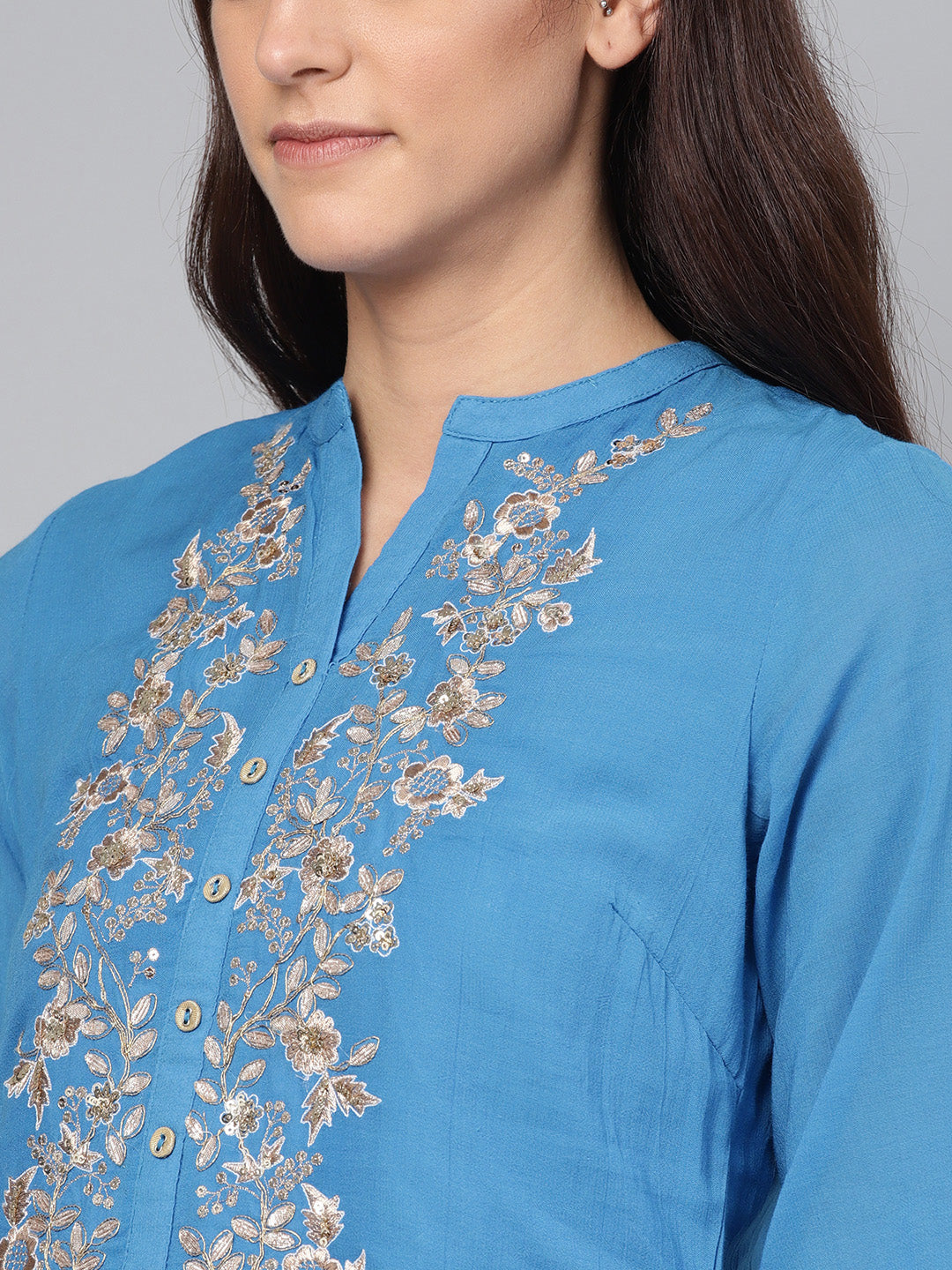 Biba Women Blue Floral Yoke Design Gotta Patti A-Line Kurta - Distacart