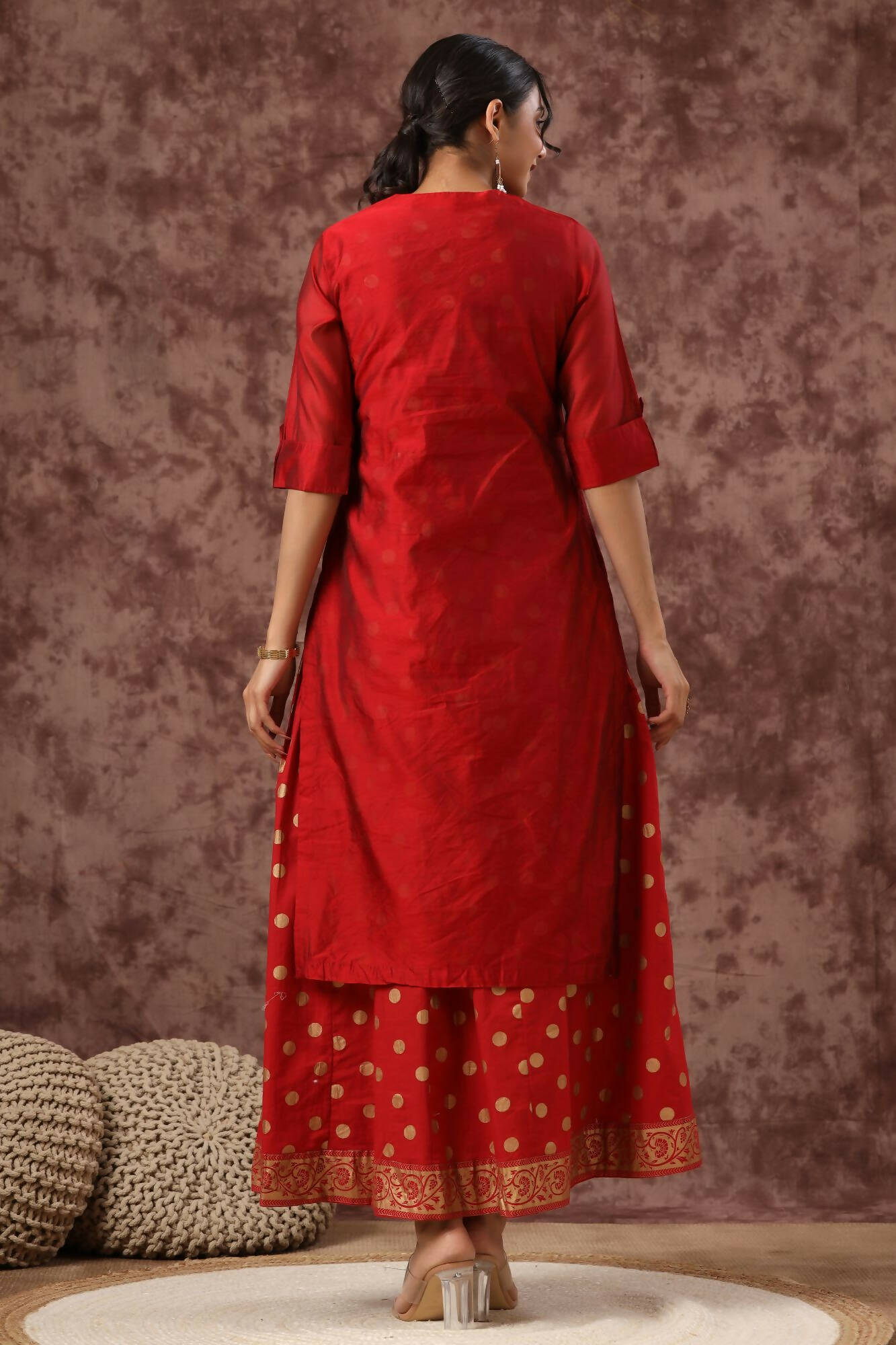 Juniper Women Maroon Chanderi Silk Embroidered & Printed Layered Dress - Distacart