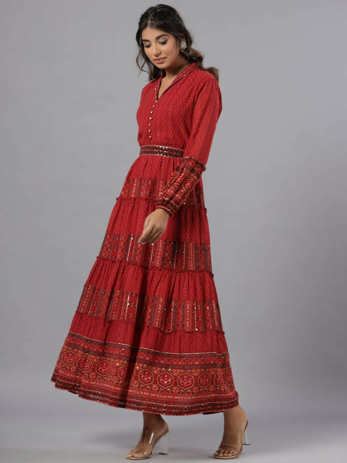 Juniper Women Rust Georgette Printed Tiered Maxi Dress - Distacart