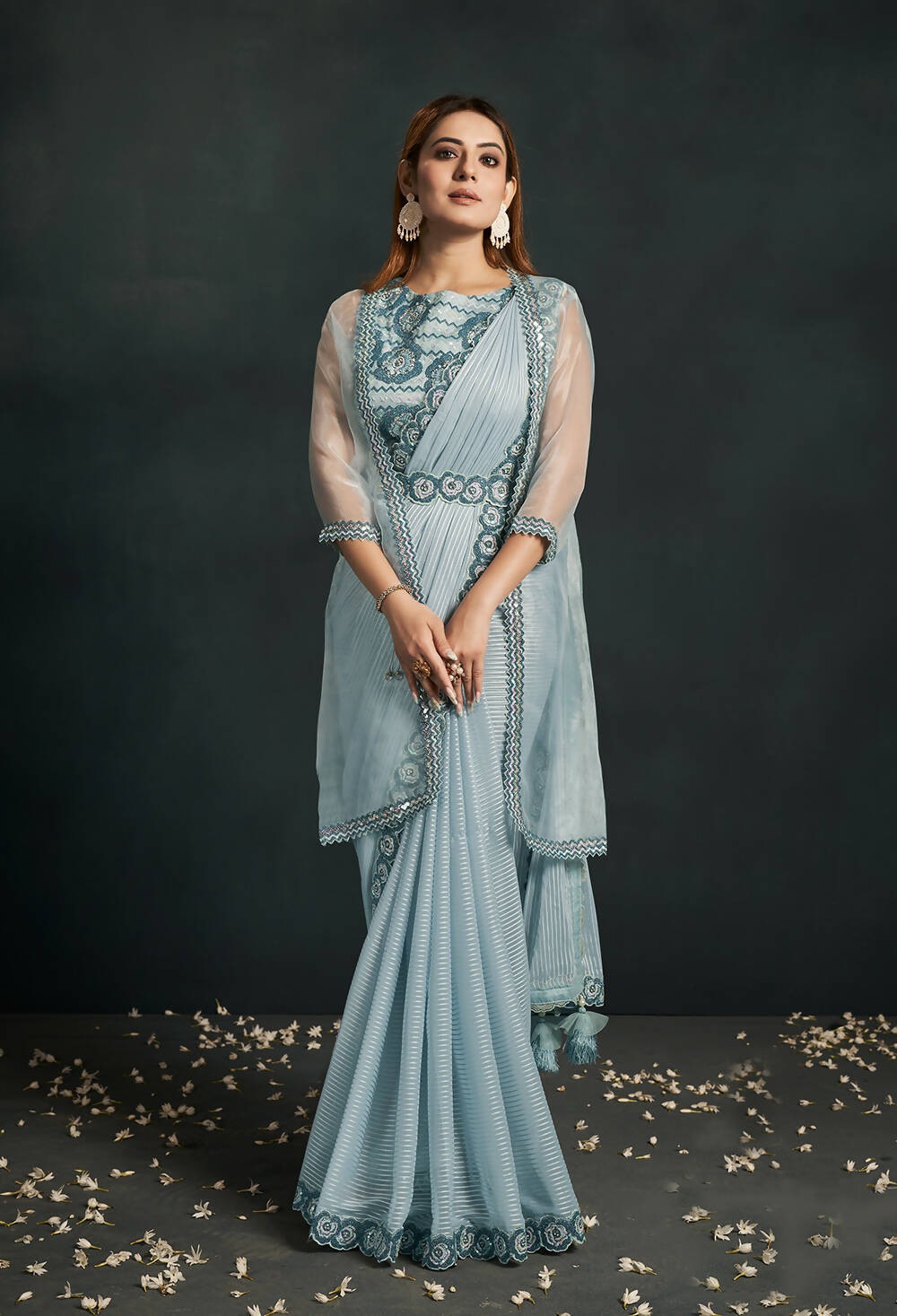 Light Blue Pattern Jari Georgette Cord Sequence & Thread Embroidered & Stone Work Saree - Moh-Manthan Royal Enigma - Distacart