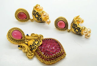 Pink Matt Finish Peacock Pendant Set