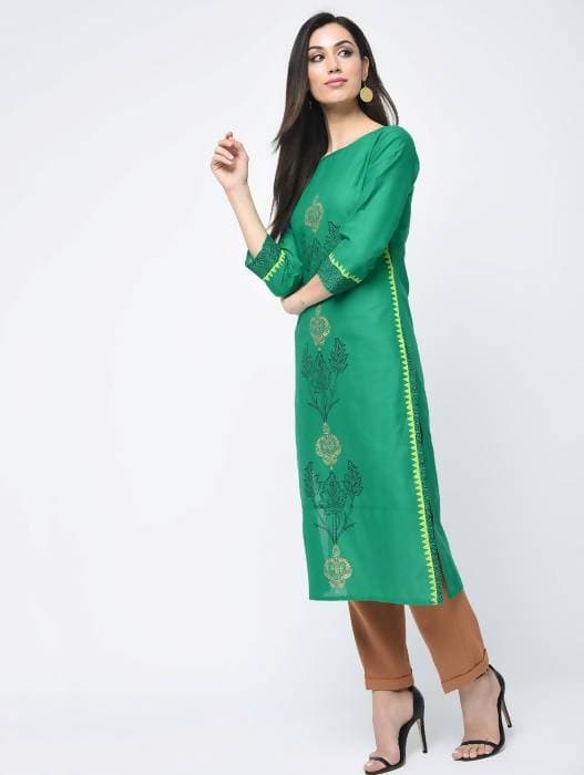 Aniyah Cotton Block Printed Turquoise Color Straight Kurta (AN-130K)