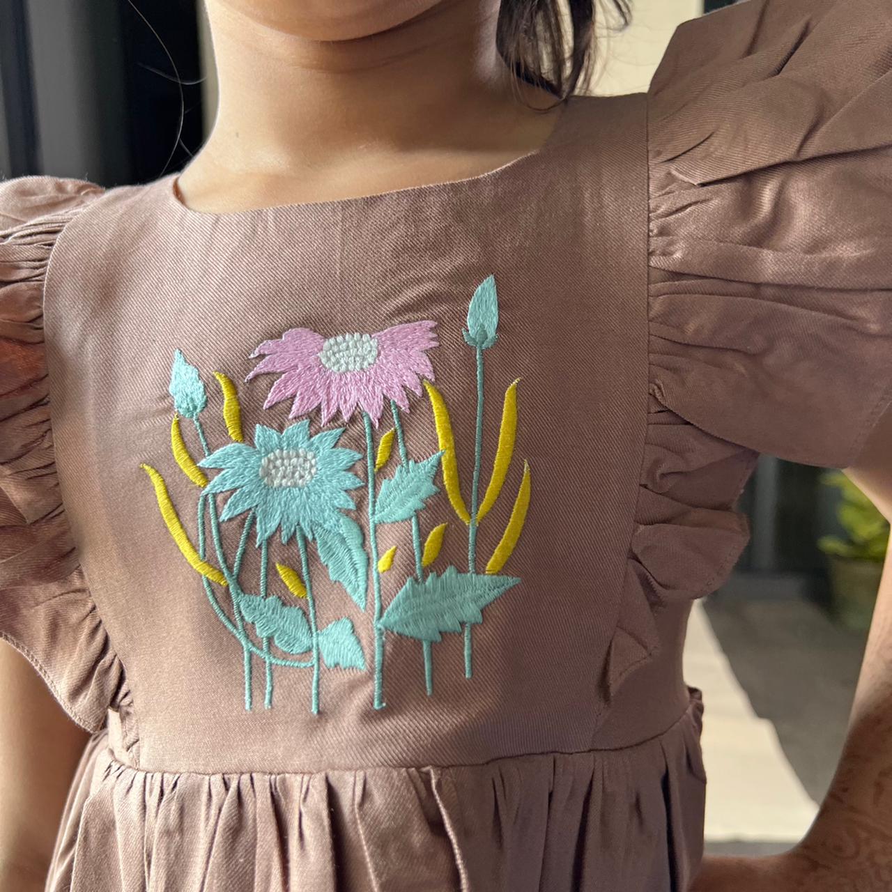 ArthLife Brown Flower Embroidered Frill Dress - Distacart