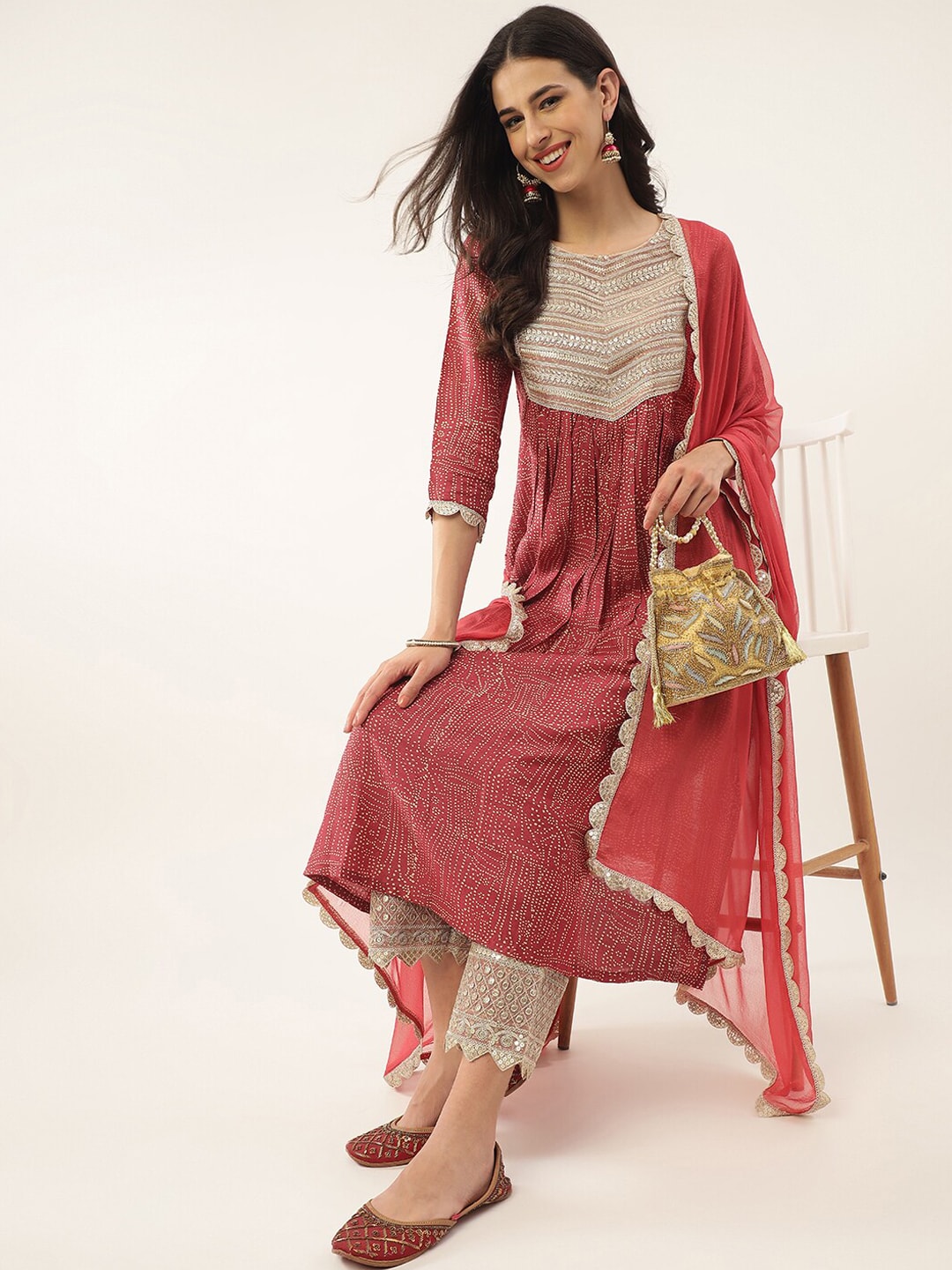 Khushal K Bandhani Printed Sequined Zari A-Line Kurta with Palazzos & Dupatta - Distacart
