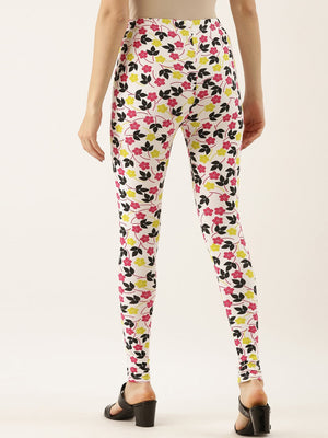 Souchii White & Pink Floral Printed Ankle-Length Leggings - Distacart