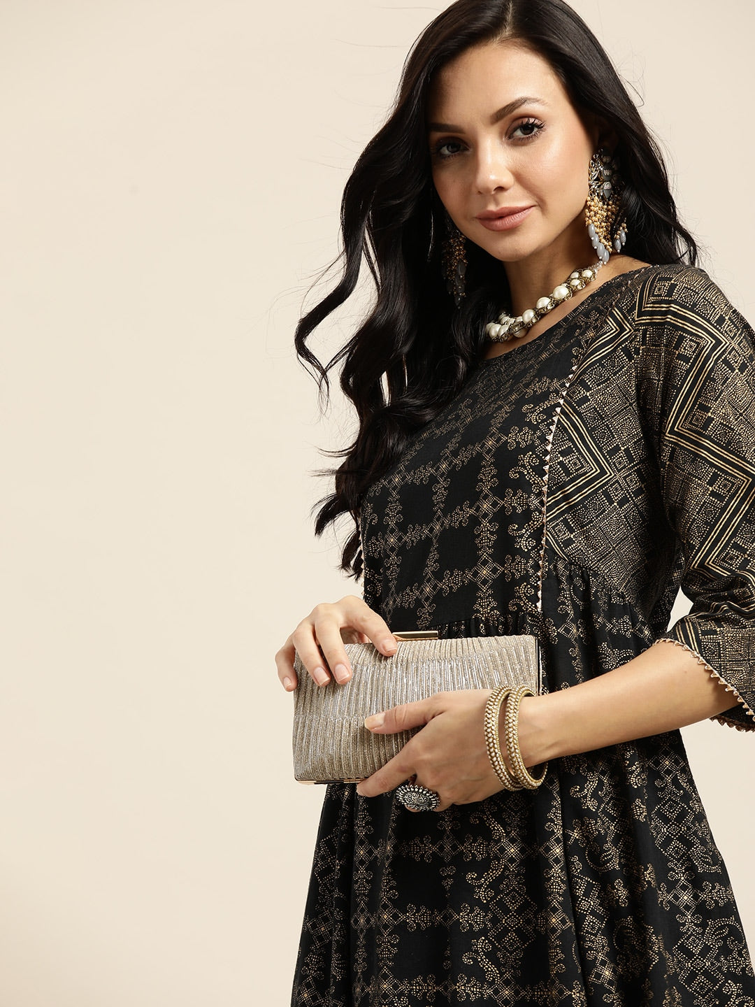 Sangria Women Black & Golden Ethnic Motifs Printed Pure Cotton Kurta with Palazzos - Distacart
