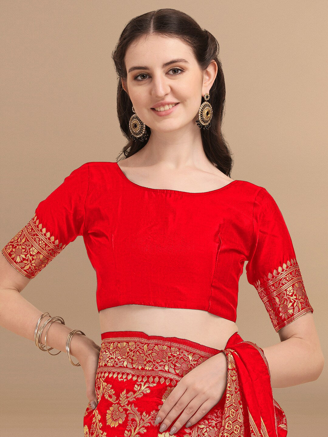 Kalini Red & Golden Floral Zari Silk Blend Banarasi Saree - Distacart