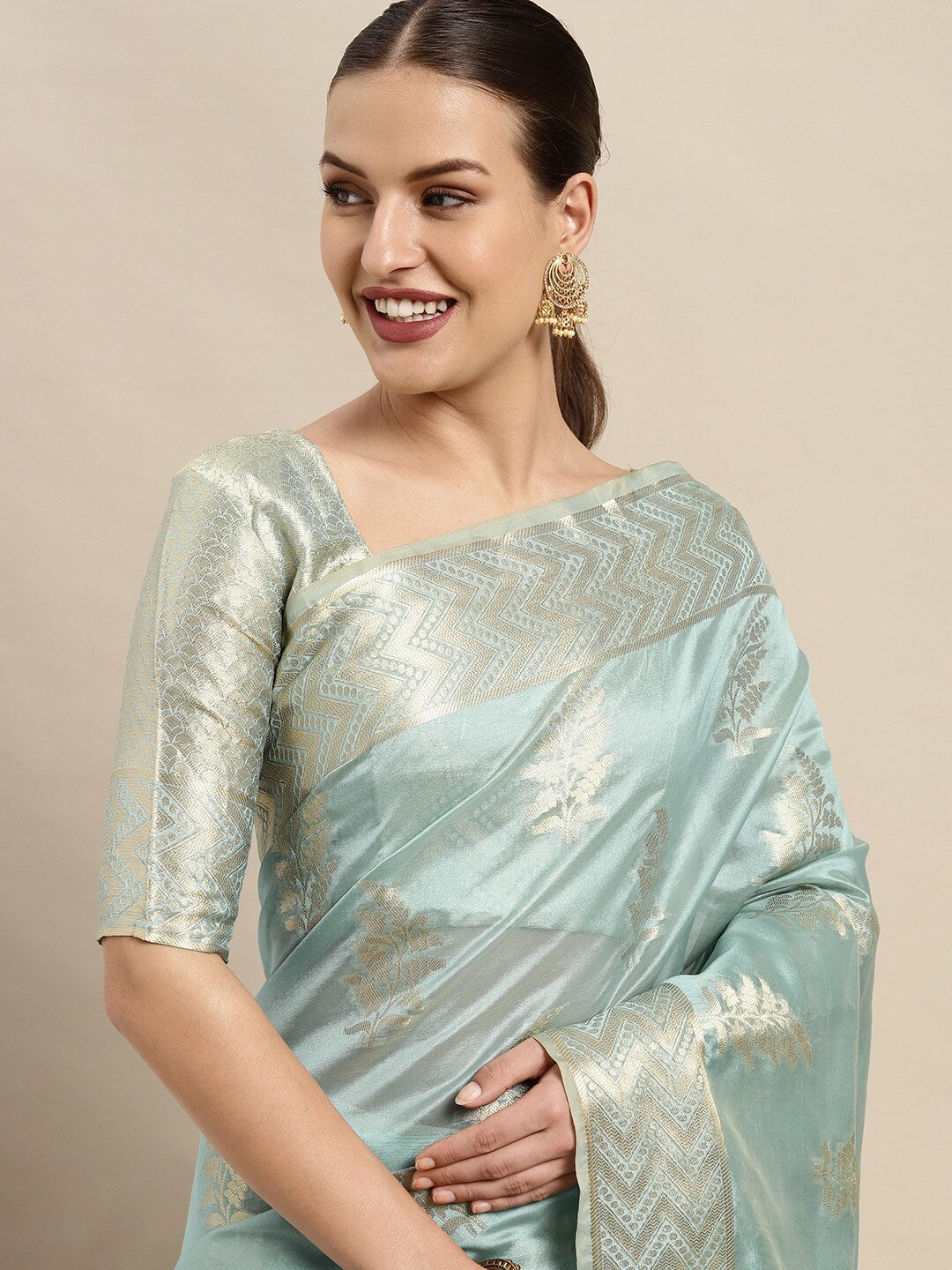 Mitera Blue & Gold-Toned Ethnic Motifs Zari Organza Kanjeevaram Saree - Distacart