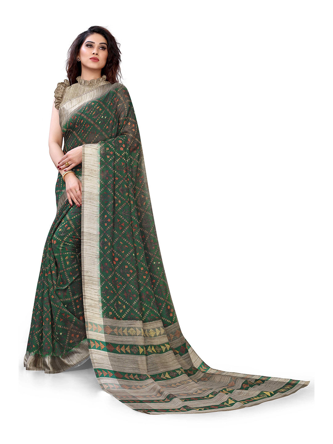 Kalini Women Green & Beige Printed Cotton Saree - Distacart