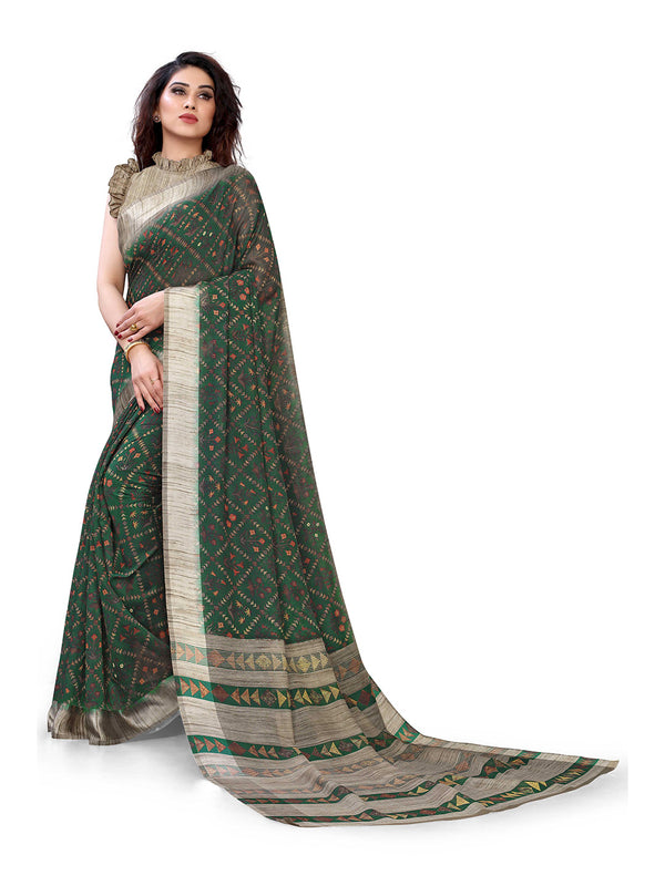 Kalini Women Green & Beige Printed Cotton Saree - Distacart