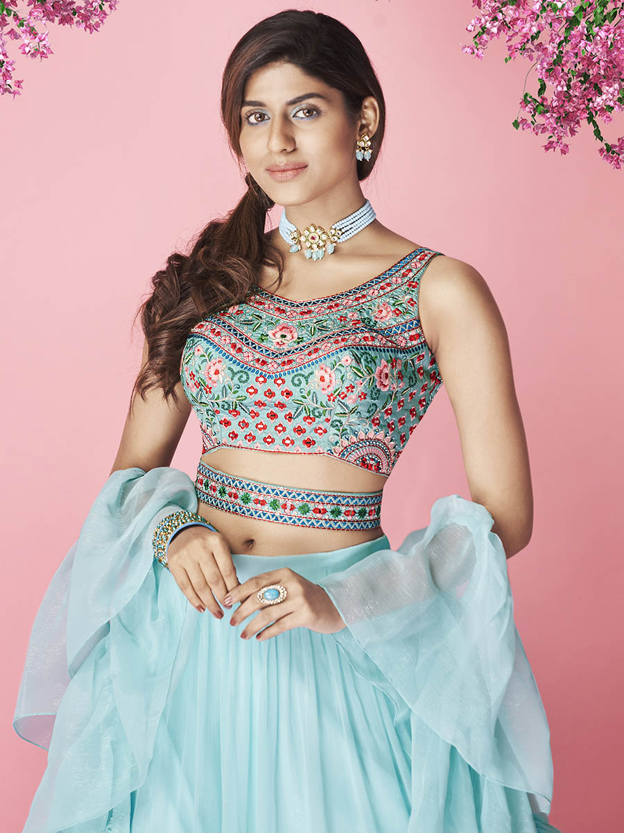 Myra Sky Blue Art Silk Designer Lehenga - Distacart