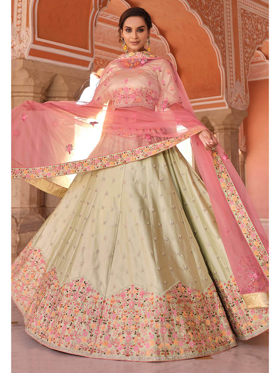 Myra Pista Green Embroidered Designer Lehenga Choli - Distacart