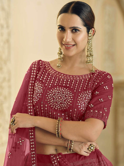 Myra Maroon Soft Net Embroidered Lehenga - Distacart