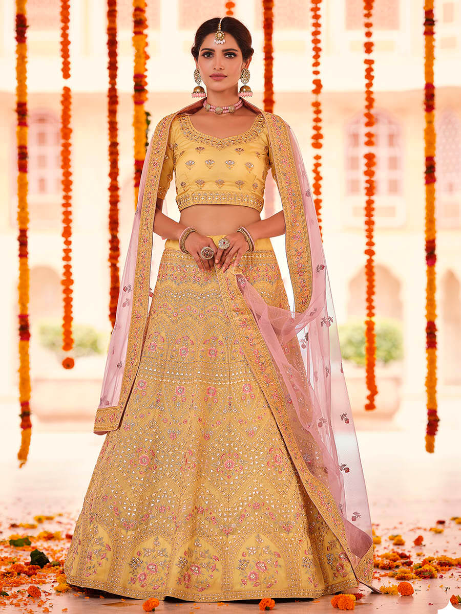 Myra Yellow Organza Embroidered Designer Lehenga - Distacart