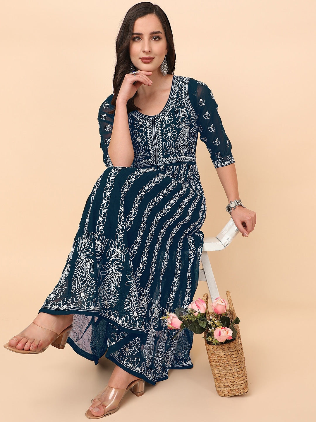 HERE&NOW Women Chikankari Embroidered Thread Work Georgette Anarkali Kurta - Distacart