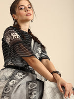 Thumbnail for Sangria Black & Grey Ethnic Motifs Zari Pure Linen Saree - Distacart