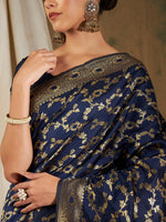Thumbnail for Sangria Navy Blue & Gold-Toned Floral Woven Design Zari Silk Blend Banarasi Saree - Distacart