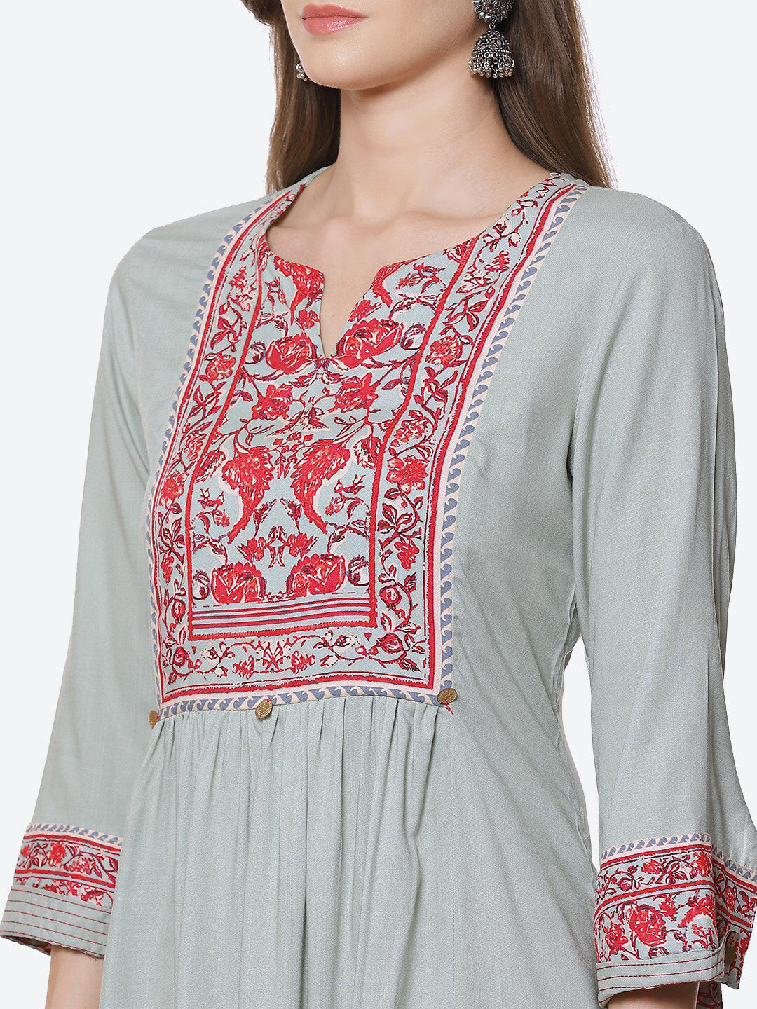 Biba Women Sea Green & Red Floral Printed Panelled Kurta with Trousers & With Dupatta - Distacart