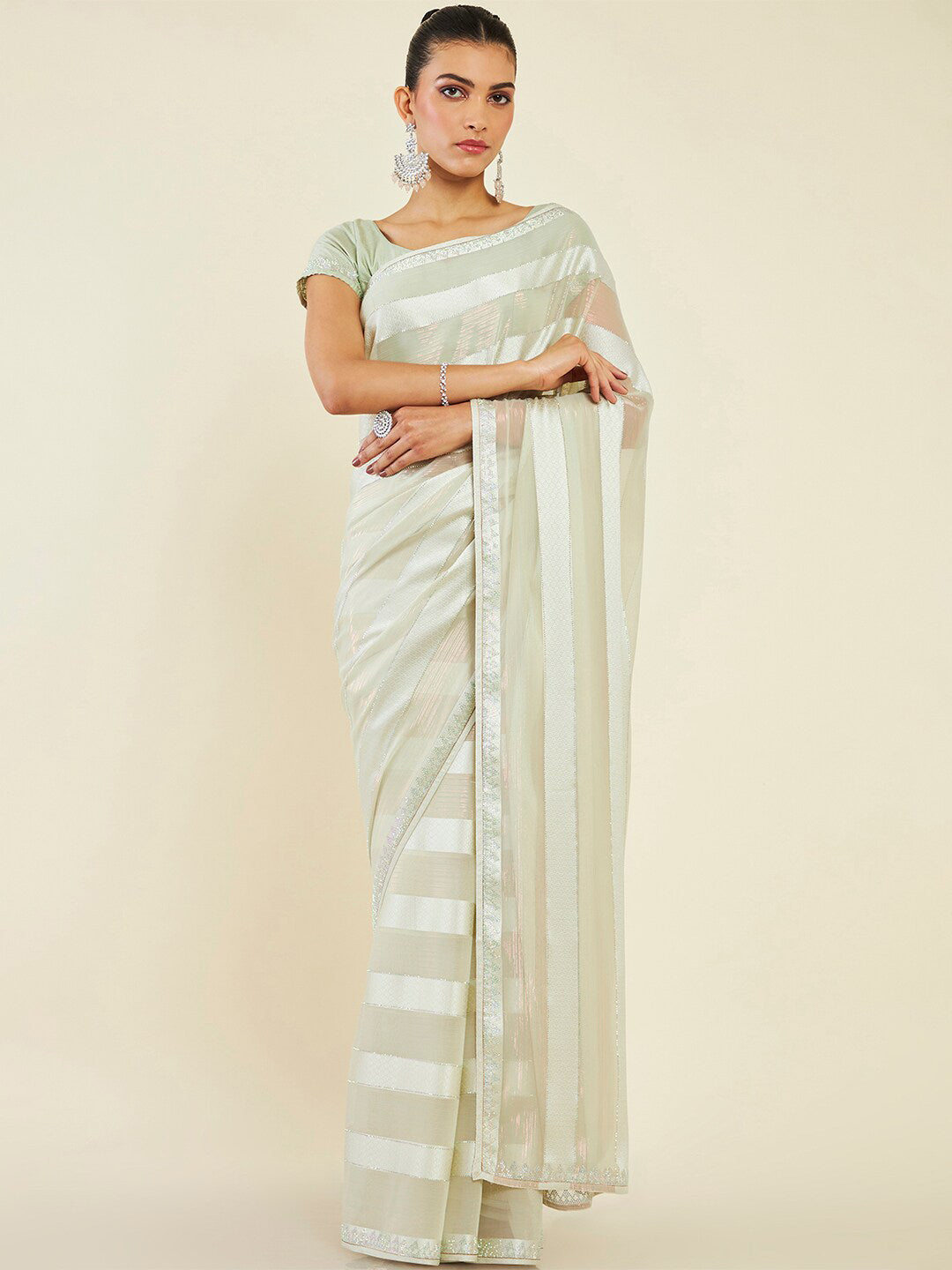 Soch Striped Embellished Zari Pure Georgette Saree - Distacart