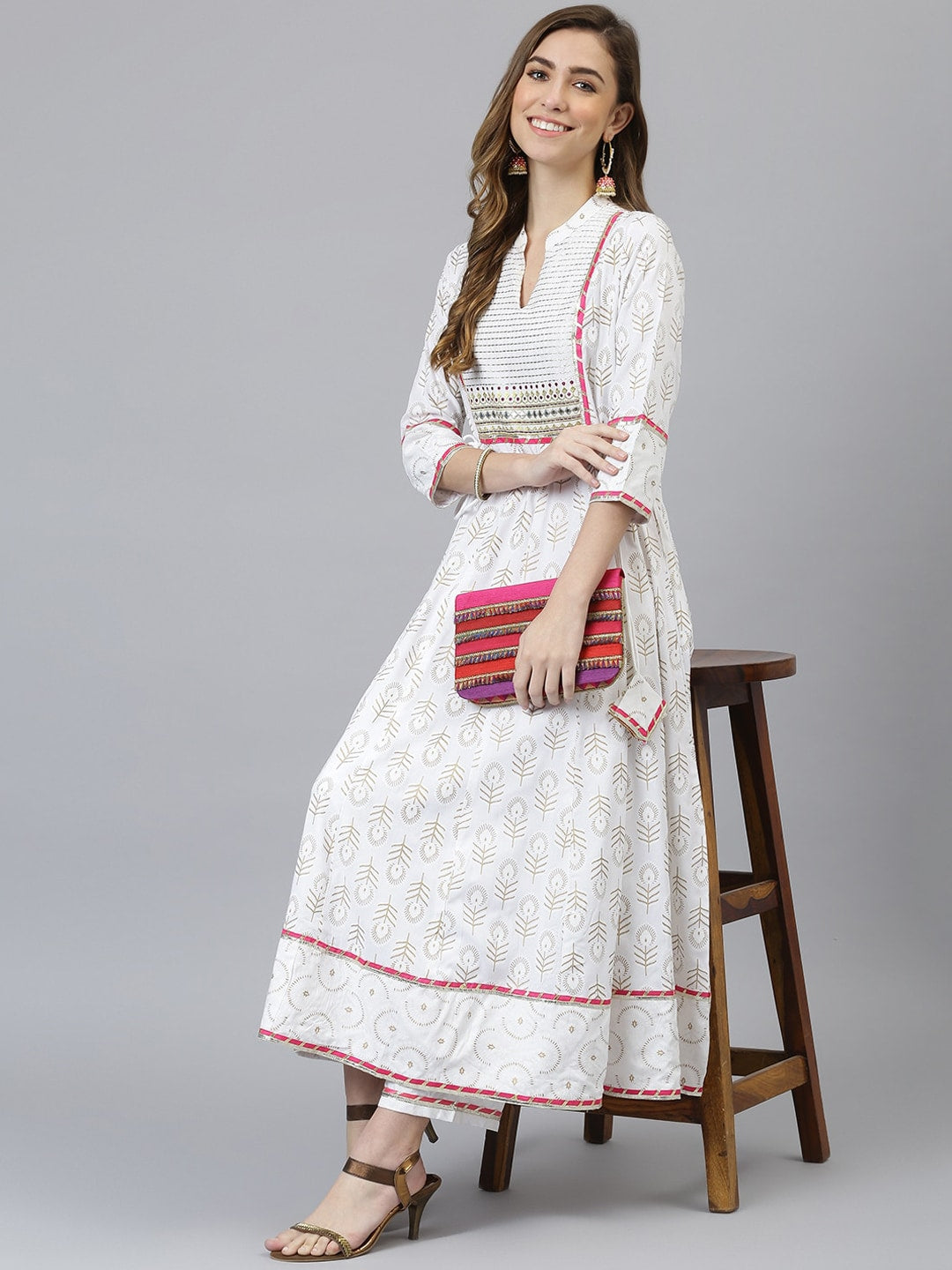 Khushal K Women White Printed Empire Design Anarkali Kurta - Distacart