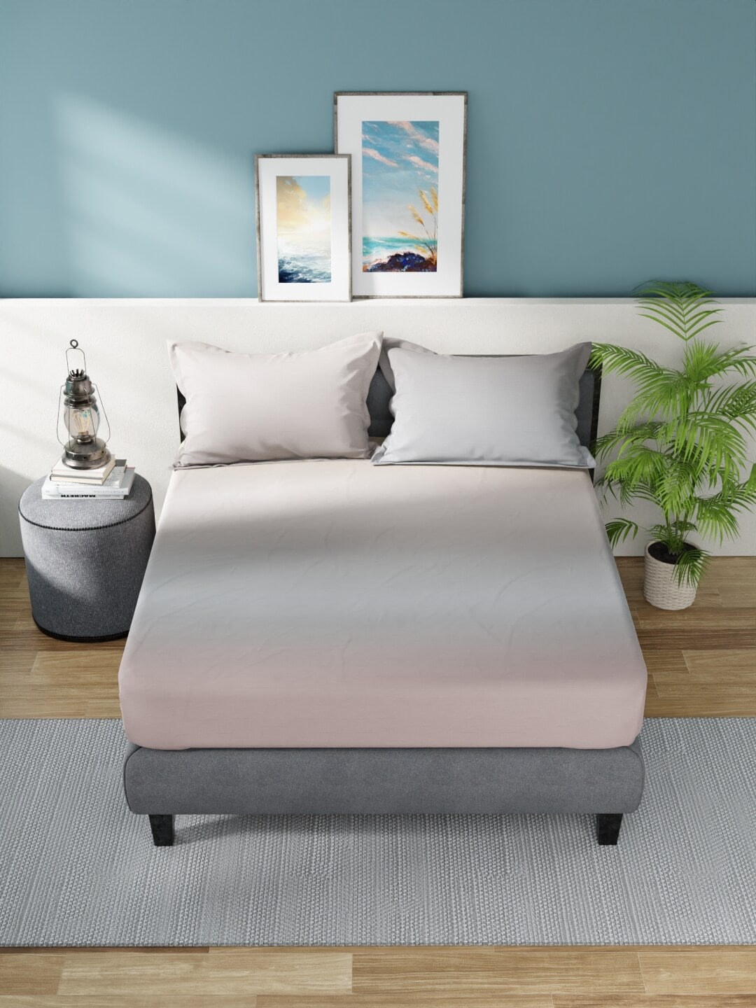 Nautica Grey & Pink 160 TC King Bedsheet With 2 Pillow Covers - Distacart