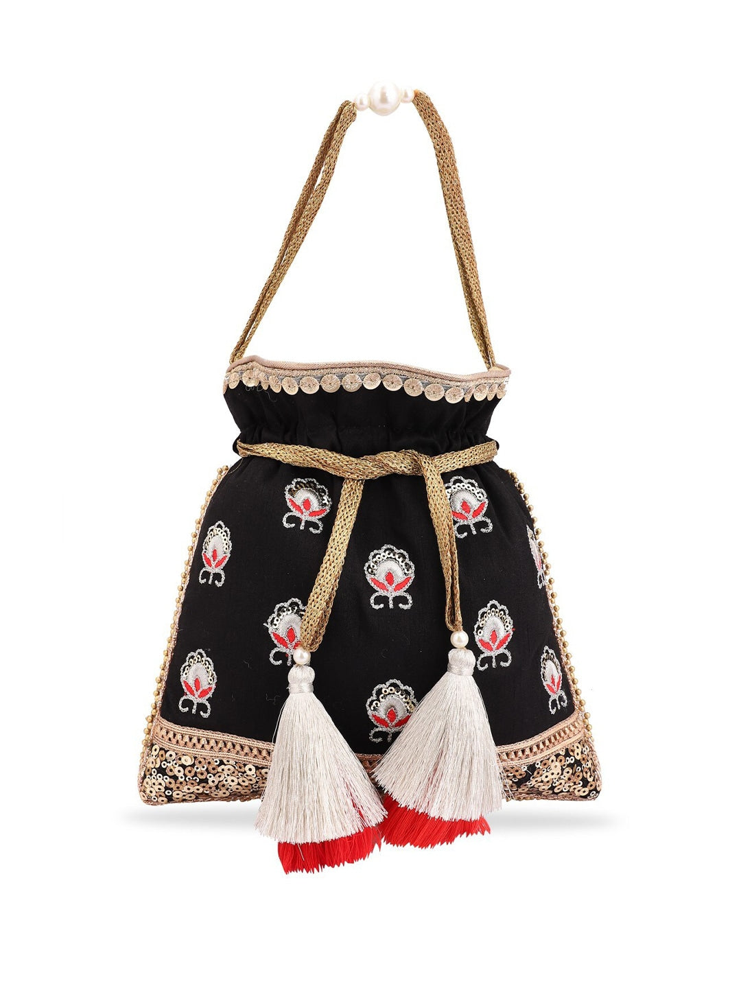 Masq Black & White Embroidered Potli Clutch - Distacart