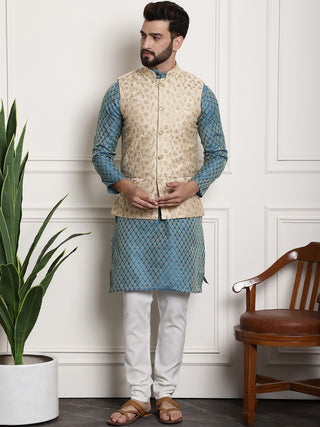 Sojanya Woven Design Mandarin Collar Kurta with Churidar & Nehru Jacket - Distacart