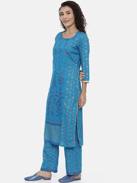 Thumbnail for Souchii Turquoise Blue & Gold-Toned Floral Print Kurta with Palazzos - Distacart