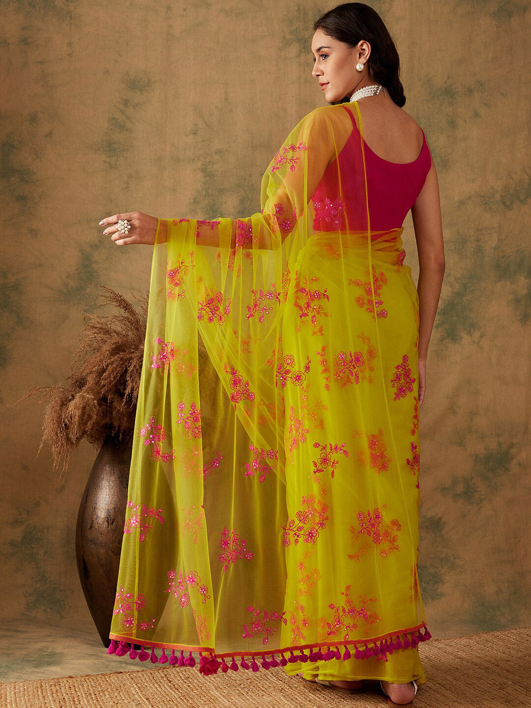 Sangria Floral Embroidered Sequins Details Net Saree - Distacart