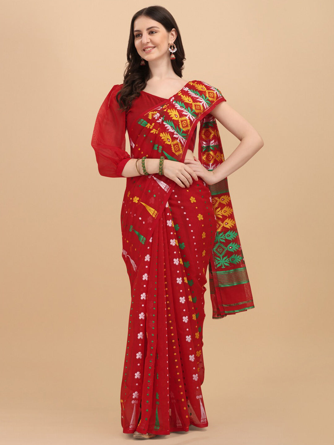 Kalini Red & Green Ethnic Motifs Silk Cotton Fusion Jamdani Saree - Distacart