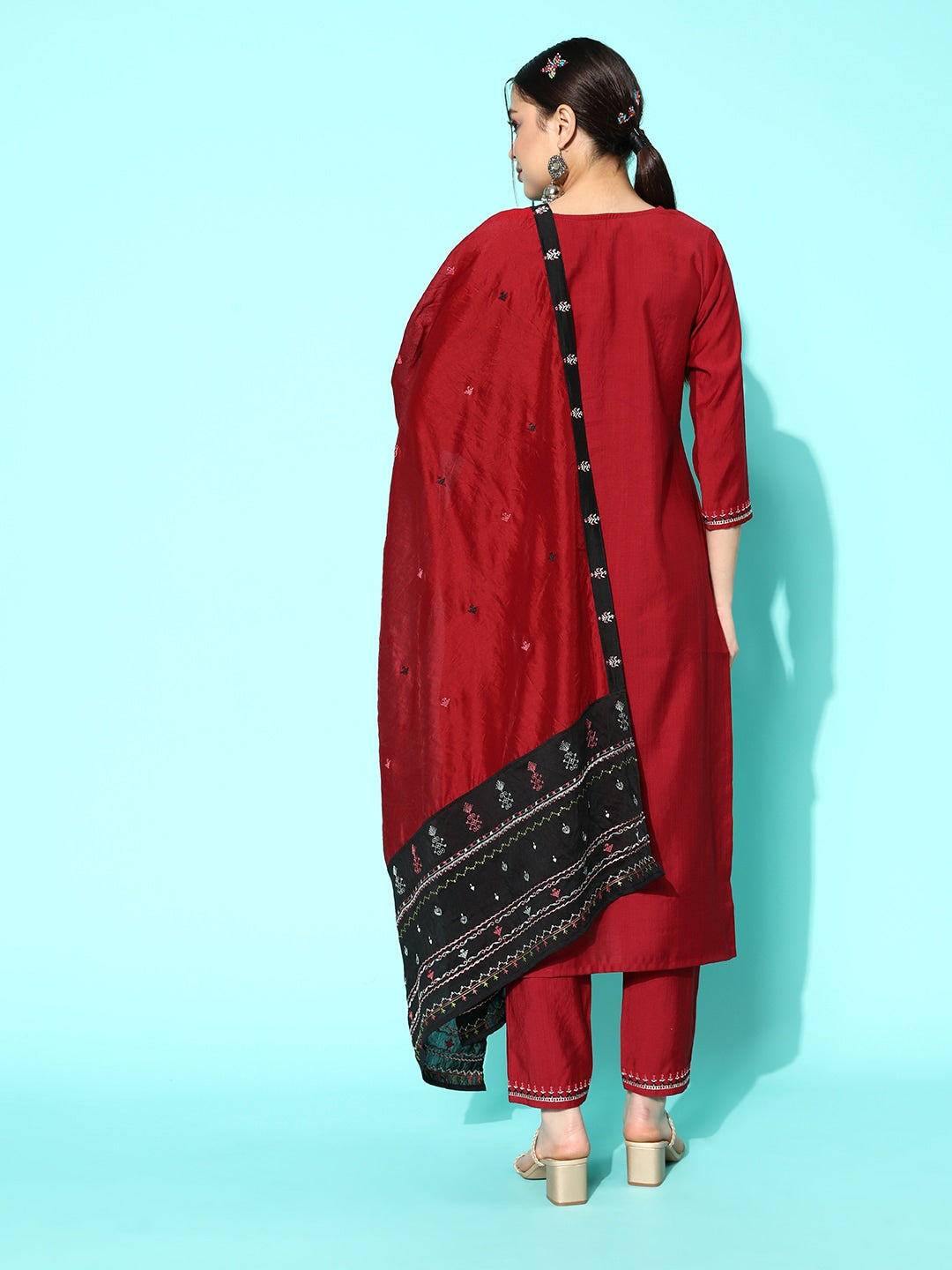 Sangria Women Maroon Ethnic Motifs Embroidered Thread Work Kurta With Trousers & Dupatta - Distacart