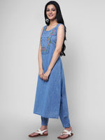 Thumbnail for Kalini Women Blue Floral Yoke Design Thread Work Pure Cotton Kurta with Trousers - Distacart