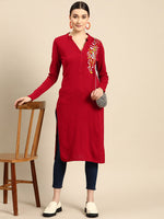 Thumbnail for Sangria Women Red & White Floral Winter Straight Kurta - Distacart