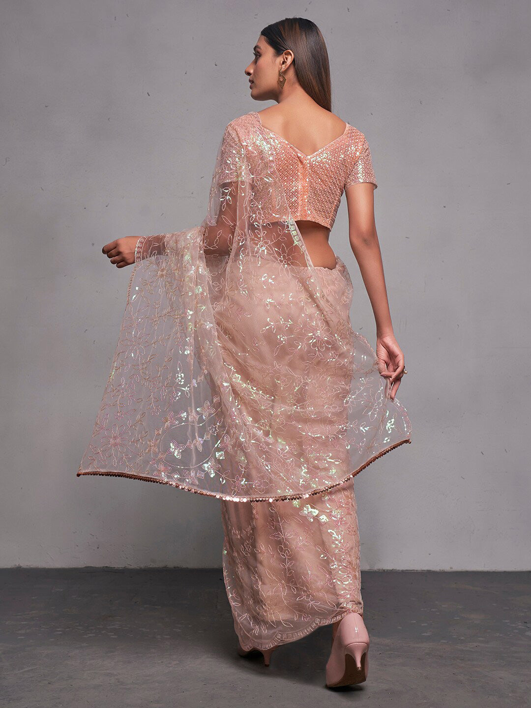 Mitera Peach-Coloured & Silver-Toned Ethnic Motifs Embroidered Net Saree - Distacart