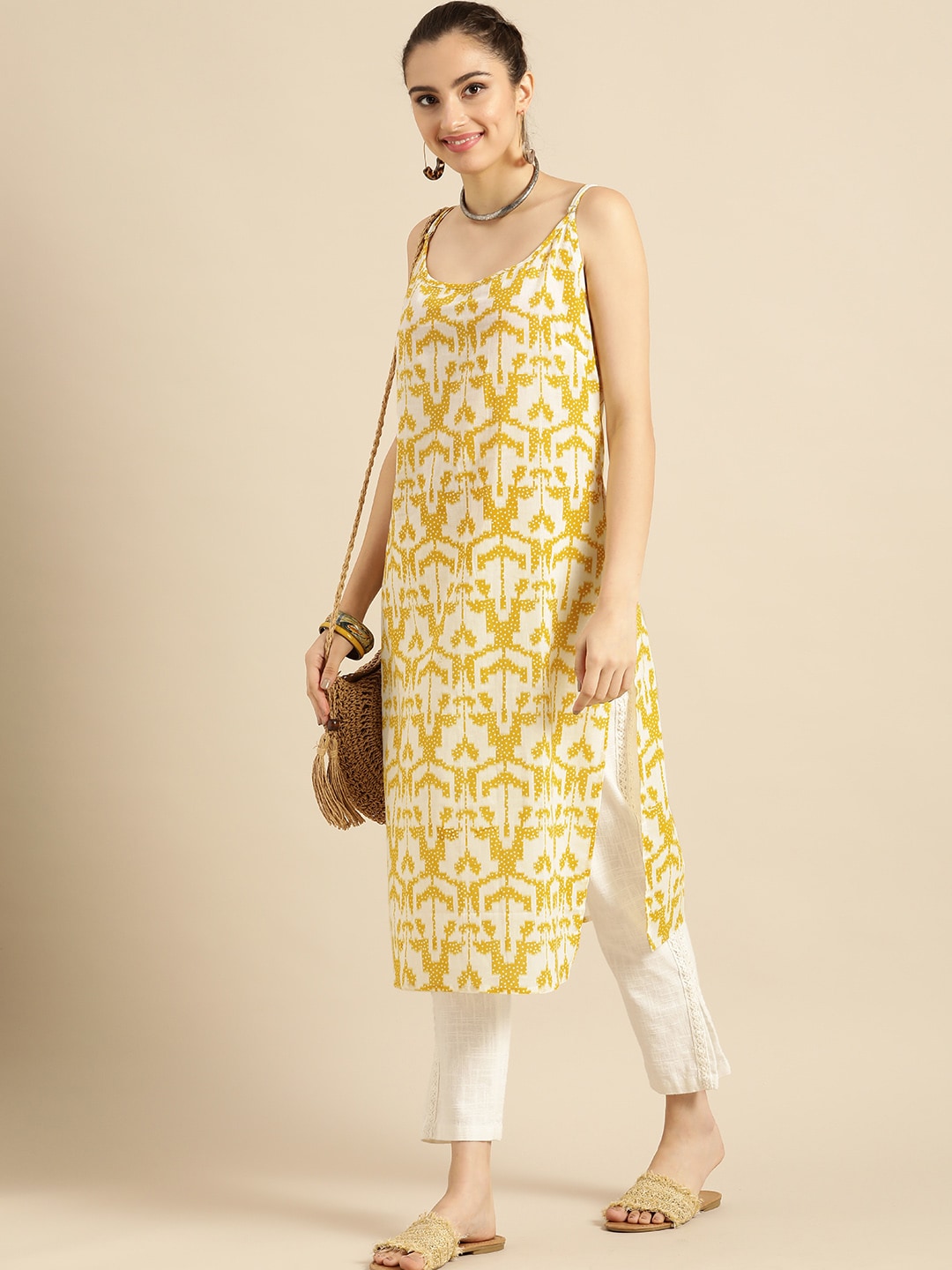 Sangria Women Mustard Yellow & Yellow Printed Cotton Kurta - Distacart