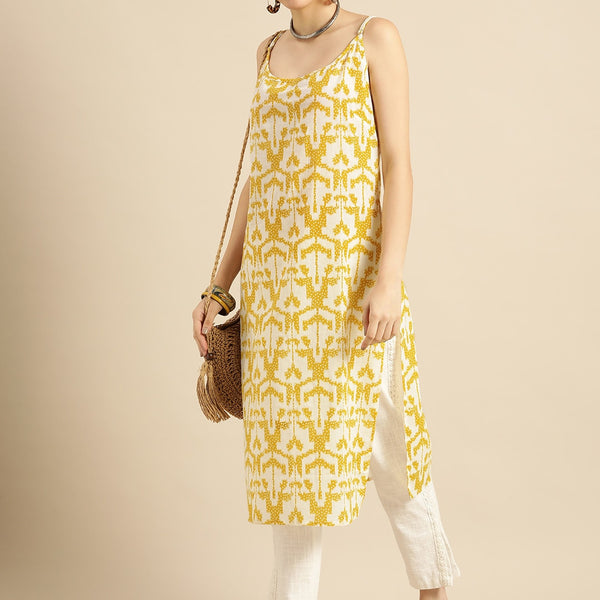 Sangria Women Mustard Yellow & Yellow Printed Cotton Kurta - Distacart