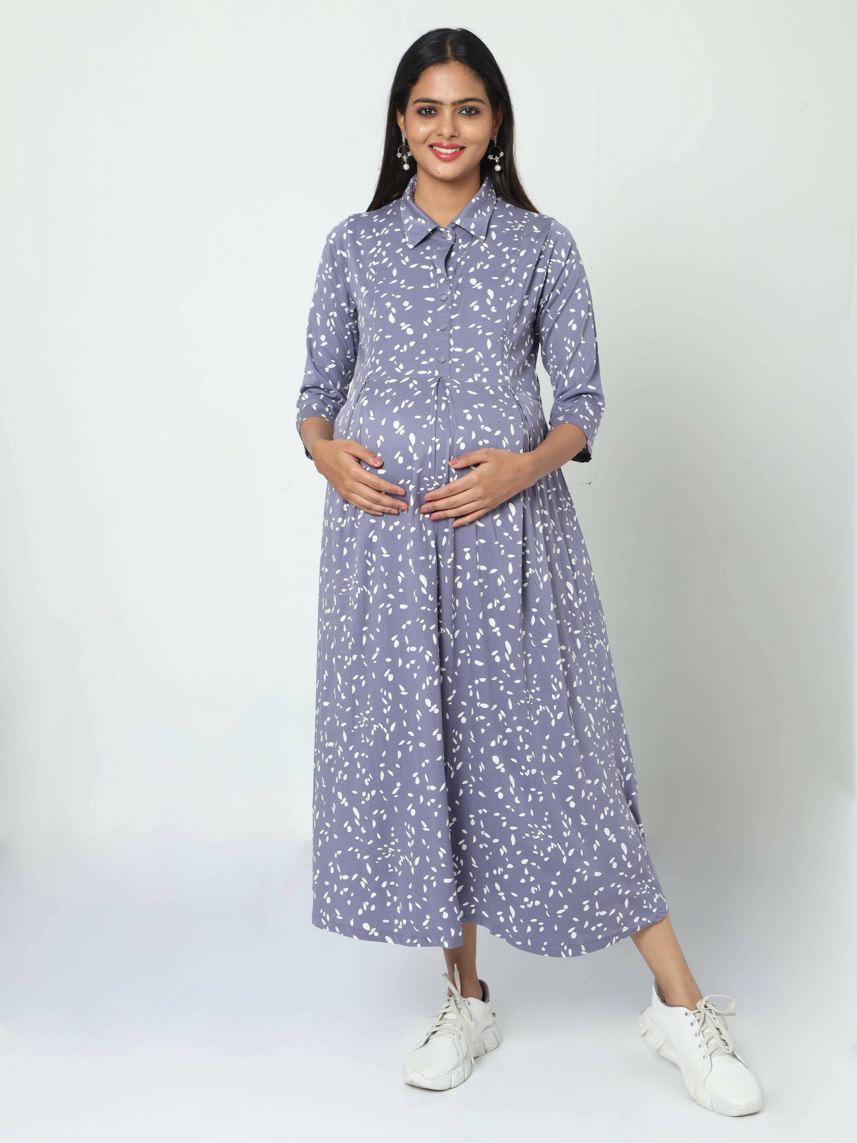 Manet Three Fourth Maternity Dress White Dot Print With Concealed Zipper Nursing Access - Blue - Distacart