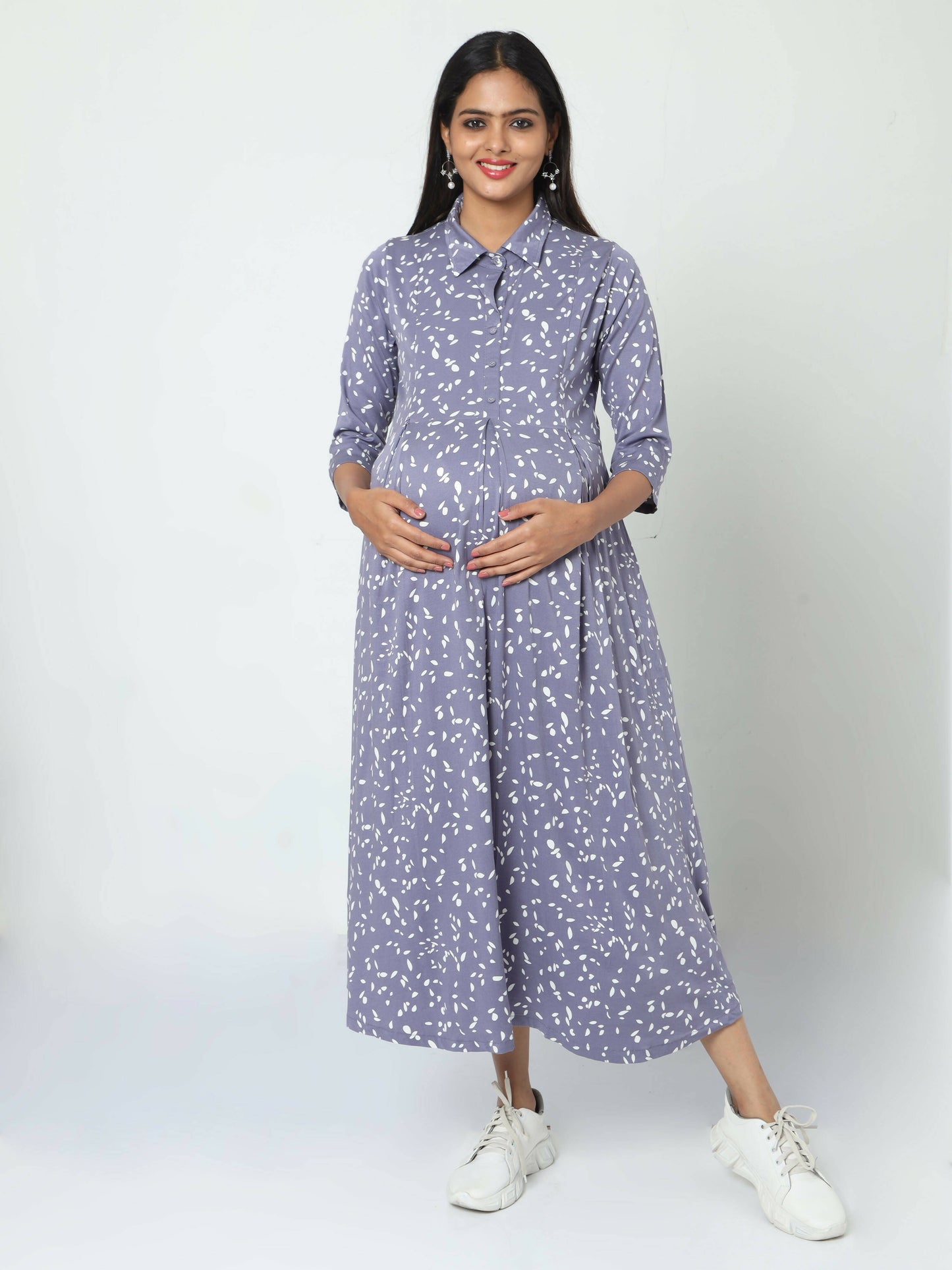 Manet Three Fourth Maternity Dress White Dot Print With Concealed Zipper Nursing Access - Blue - Distacart