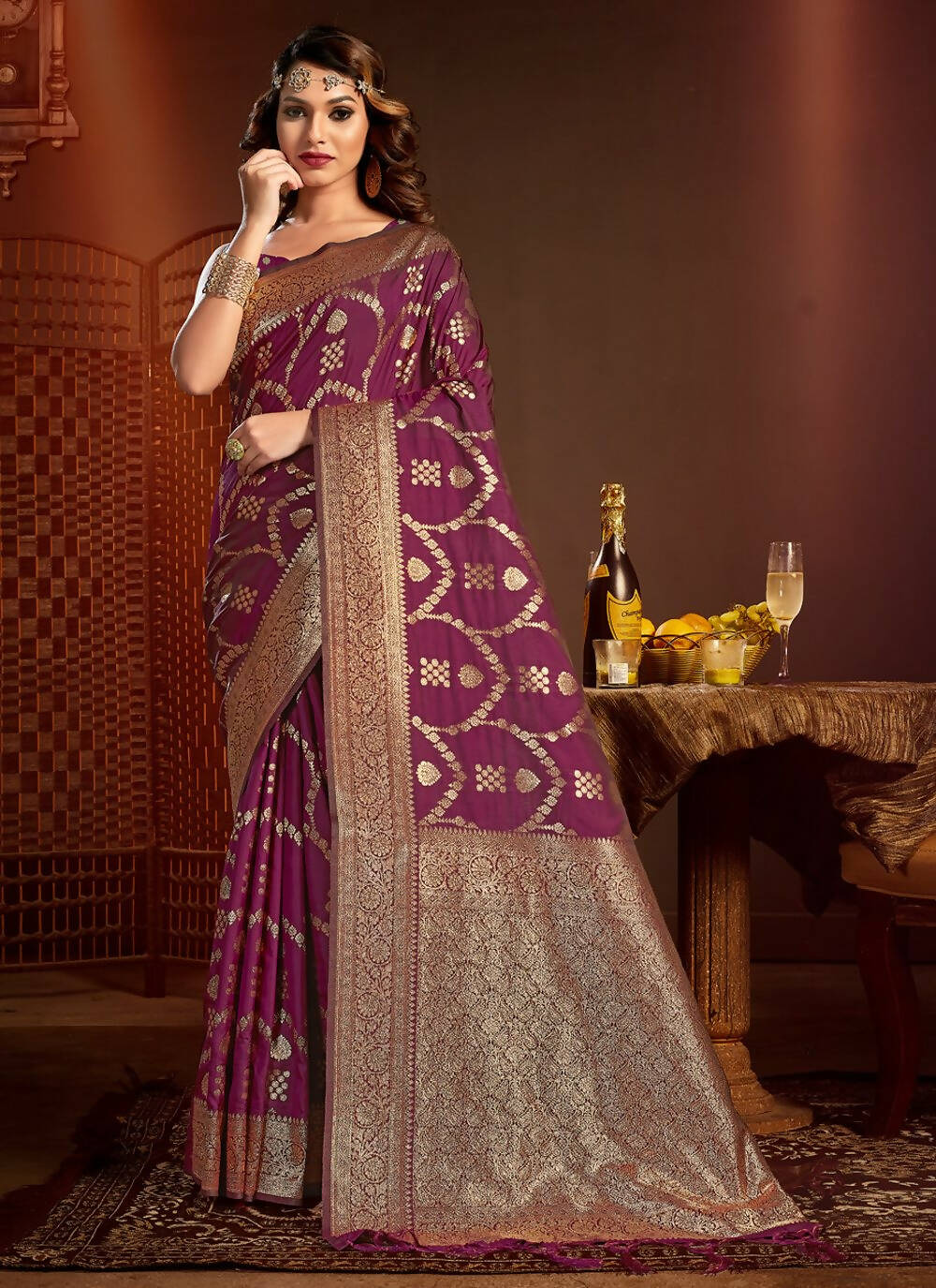Purple Silk Ethnic Motif Woven Design Saree with Unstitched Blouse Piece - Aachal - Distacart