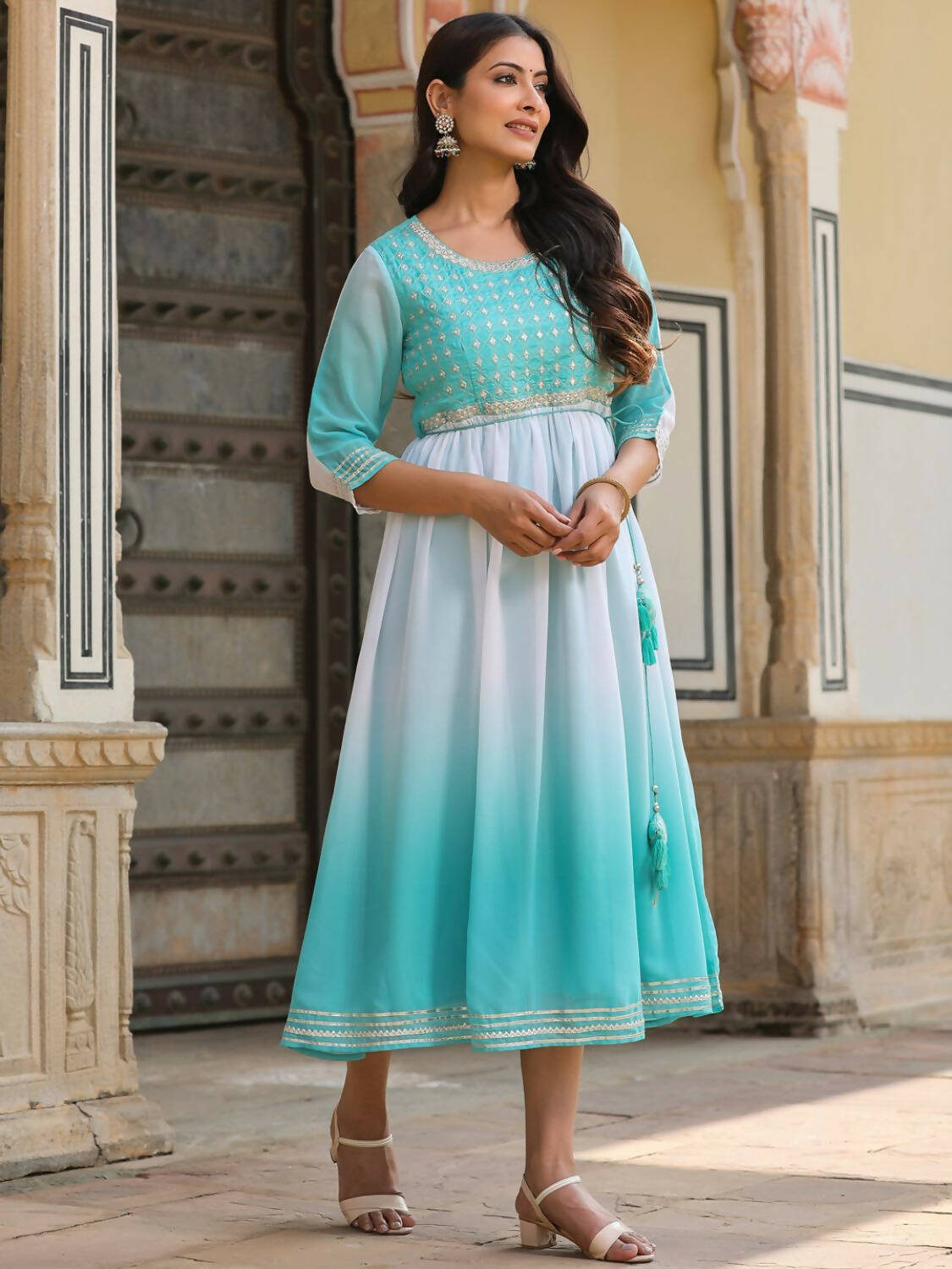 Juniper Women Teal Georgette Embroidered Maxi Dress - Distacart