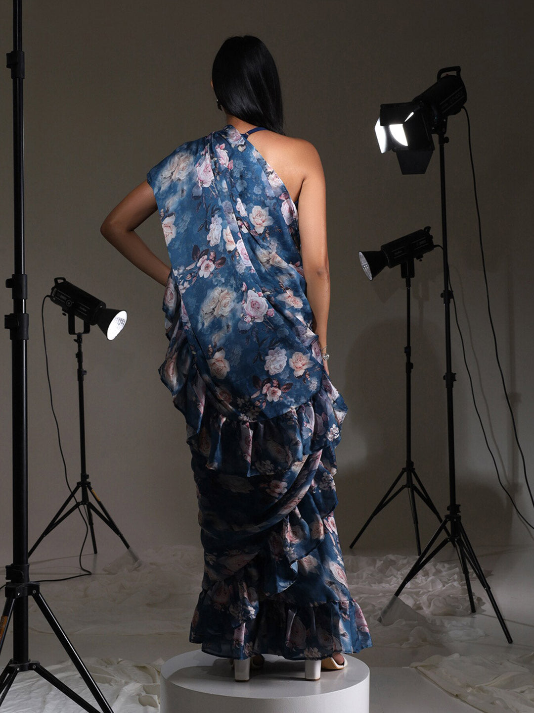 Tikhi Imli Blue Floral Printed Satin Ruffles Saree - Distacart