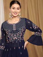 Thumbnail for Kalini Women Navy Blue Floral Embroidered Thread Work Kurta with Sharara - Distacart