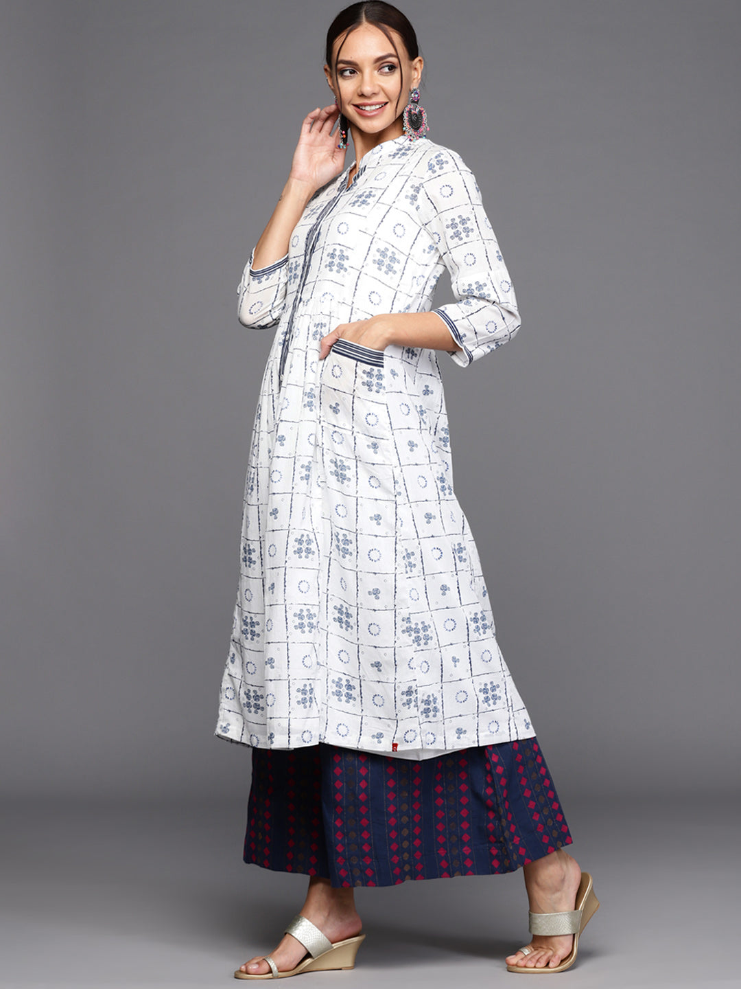 Biba Women White & Navy Blue Ethnic Motifs Printed Kurta with Inner - Distacart