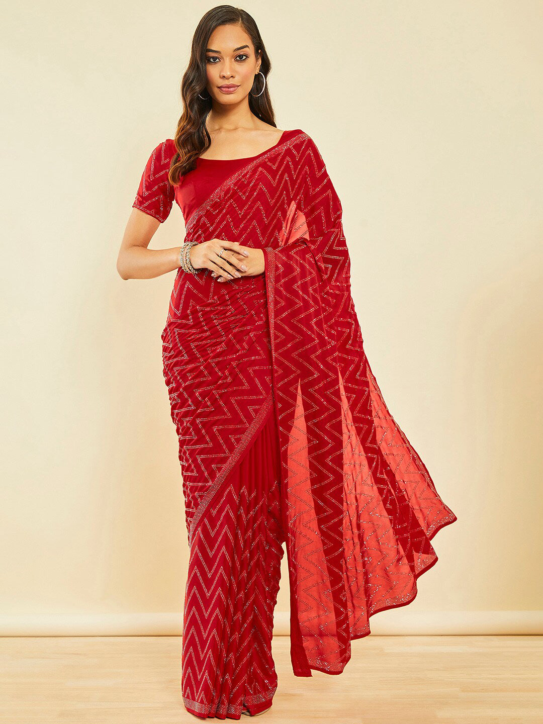 Soch Red Embellished Beads and Stones Saree - Distacart
