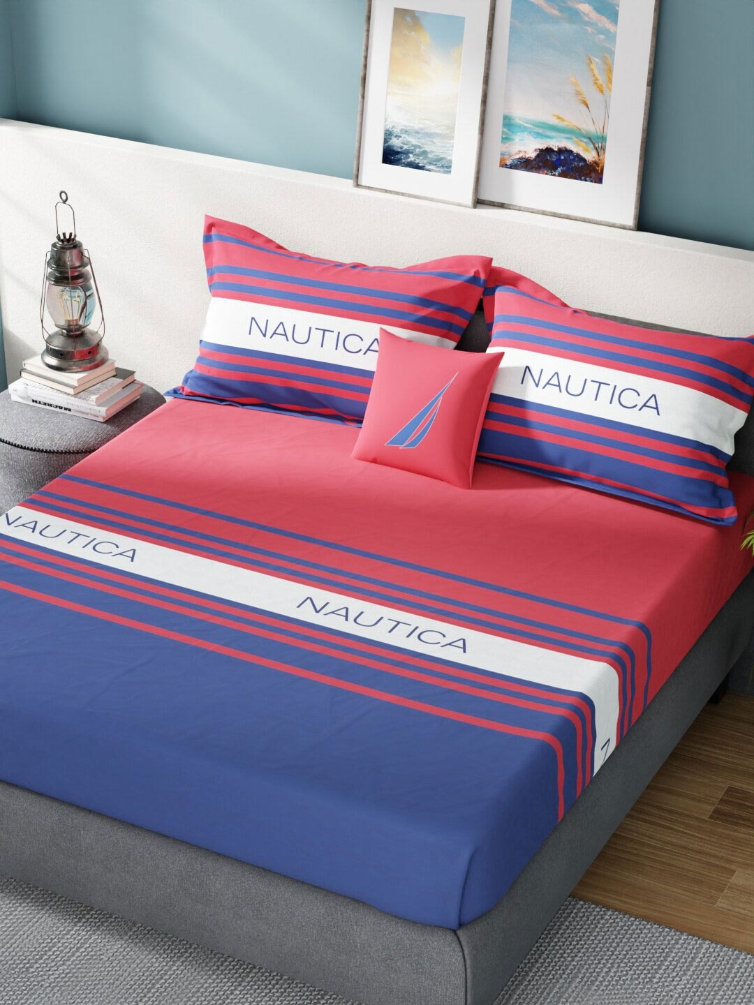 Nautica Bradford Red & Blue Striped 160 TC Pure Cotton King Bedsheet & 2 Pillow Covers - Distacart