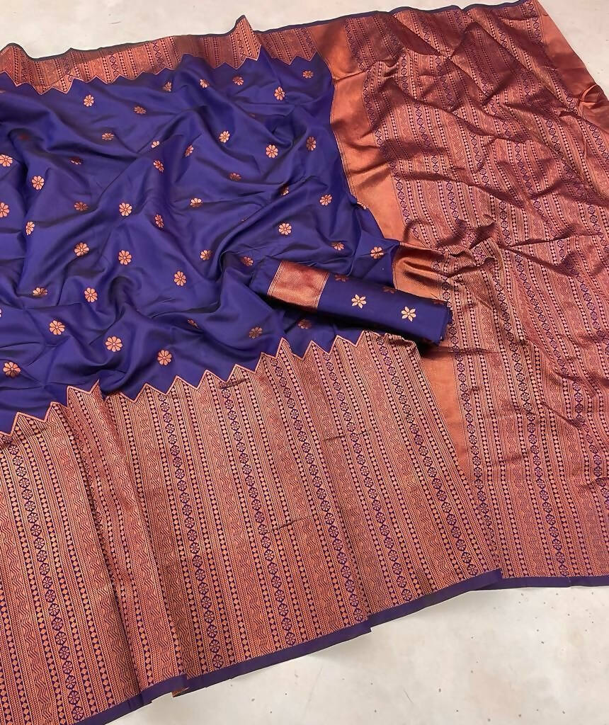 DEIANA'S Beautiful Golden Jari with New Design Soft Lichi Silk Saree - Navy Blue - Distacart