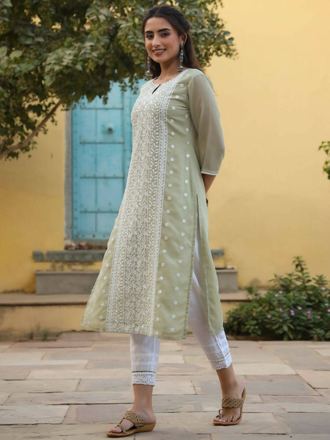 Juniper Women's Ltgreen Georgette Printed Kurta - Distacart