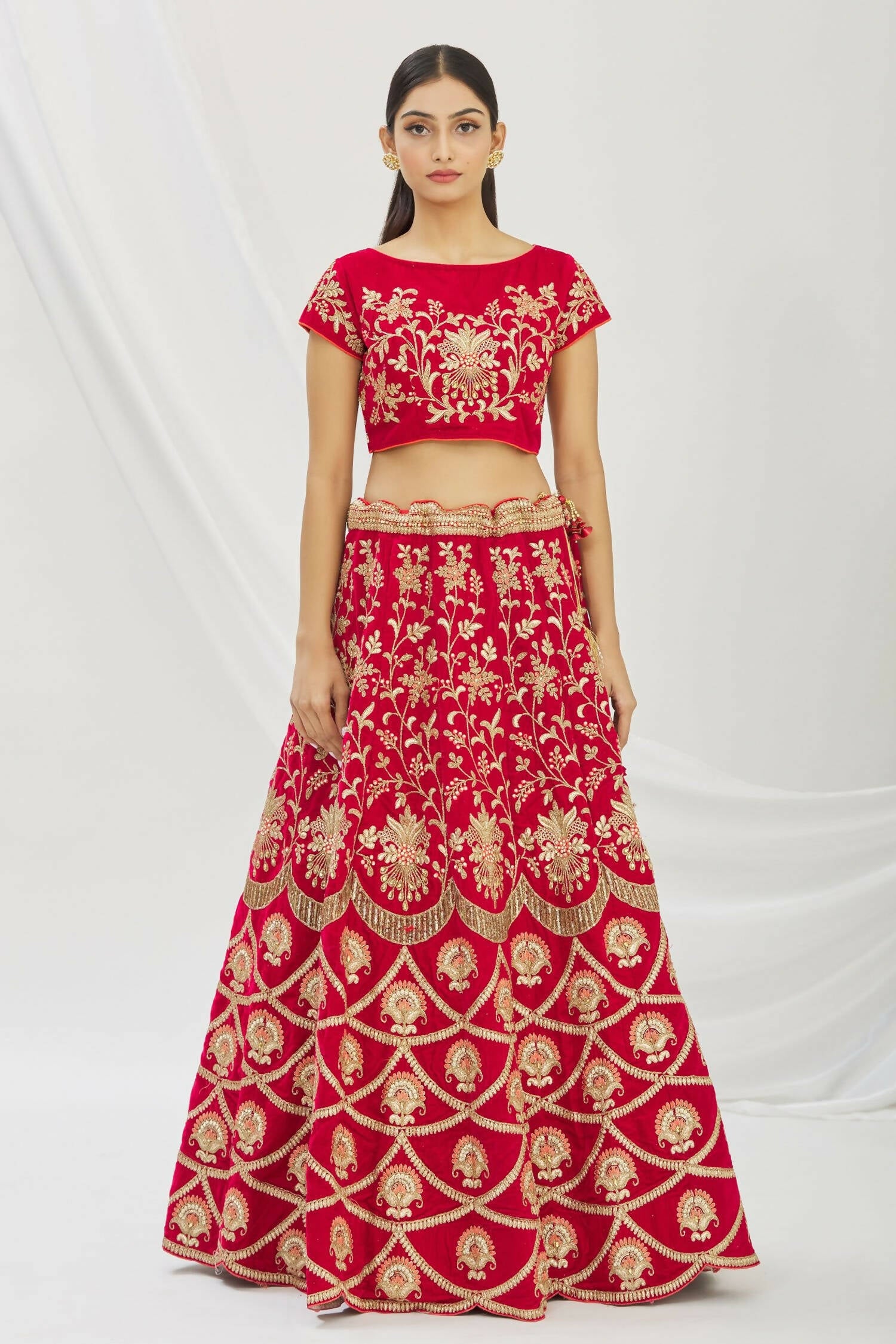 Red Velvet Semi-Stitched Wedding Bridal Lehenga - Nimaya - Distacart