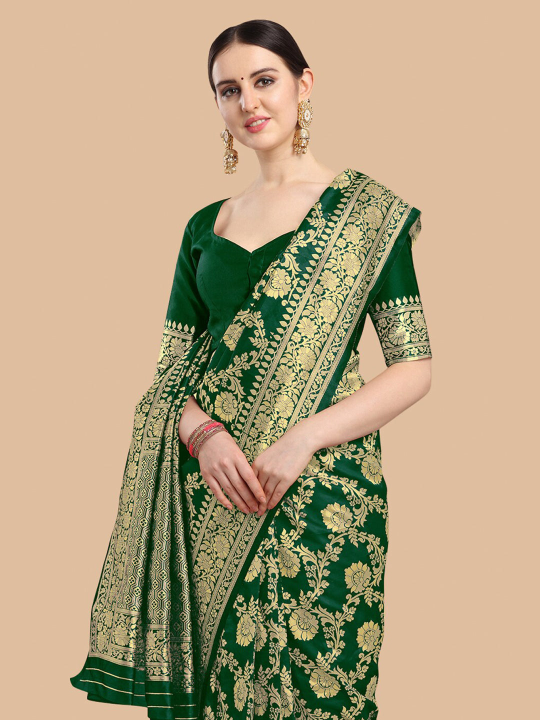 Kalini Green & Gold-Toned Woven Design Silk Blend Banarasi Saree - Distacart